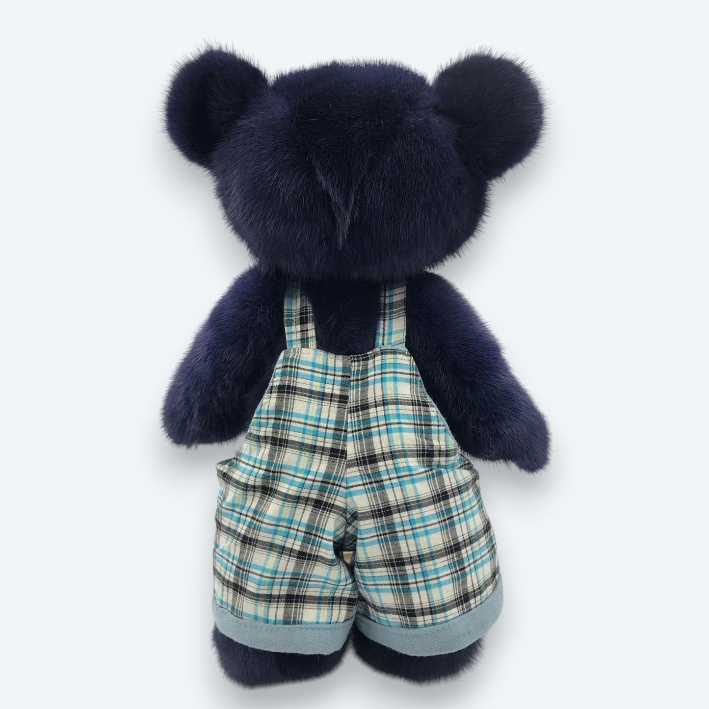 Artisan Handmade Indigo Night Bear – Luxury Natural Mink Fur Designer Plush in Plaid Shorts