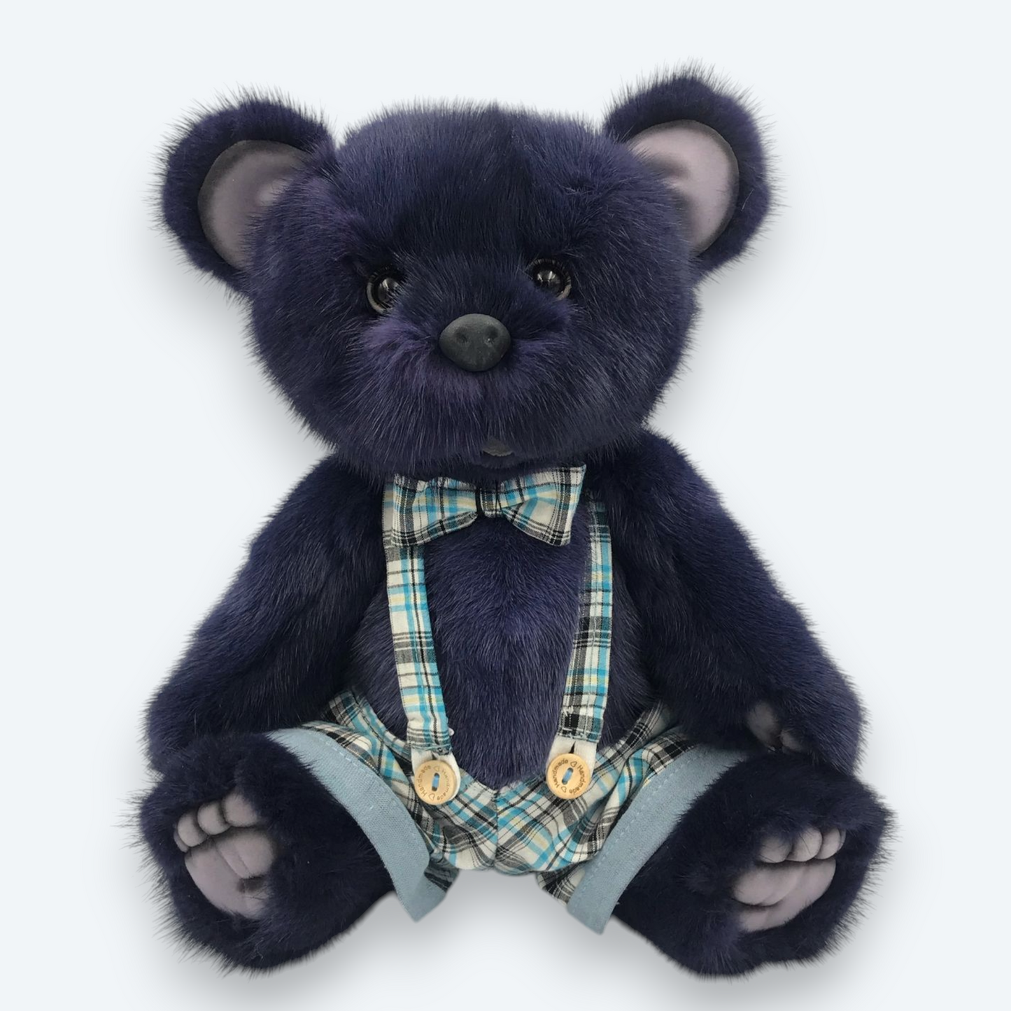 Artisan Handmade Indigo Night Bear – Luxury Natural Mink Fur Designer Plush in Plaid Shorts