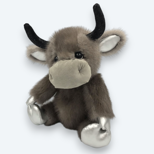 Artisan Handmade Silver Horn Bull – Luxury Natural Mink Fur Designer Plush