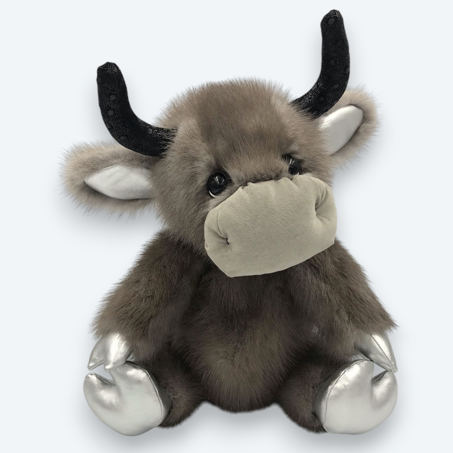 Artisan Handmade Silver Horn Bull – Luxury Natural Mink Fur Designer Plush